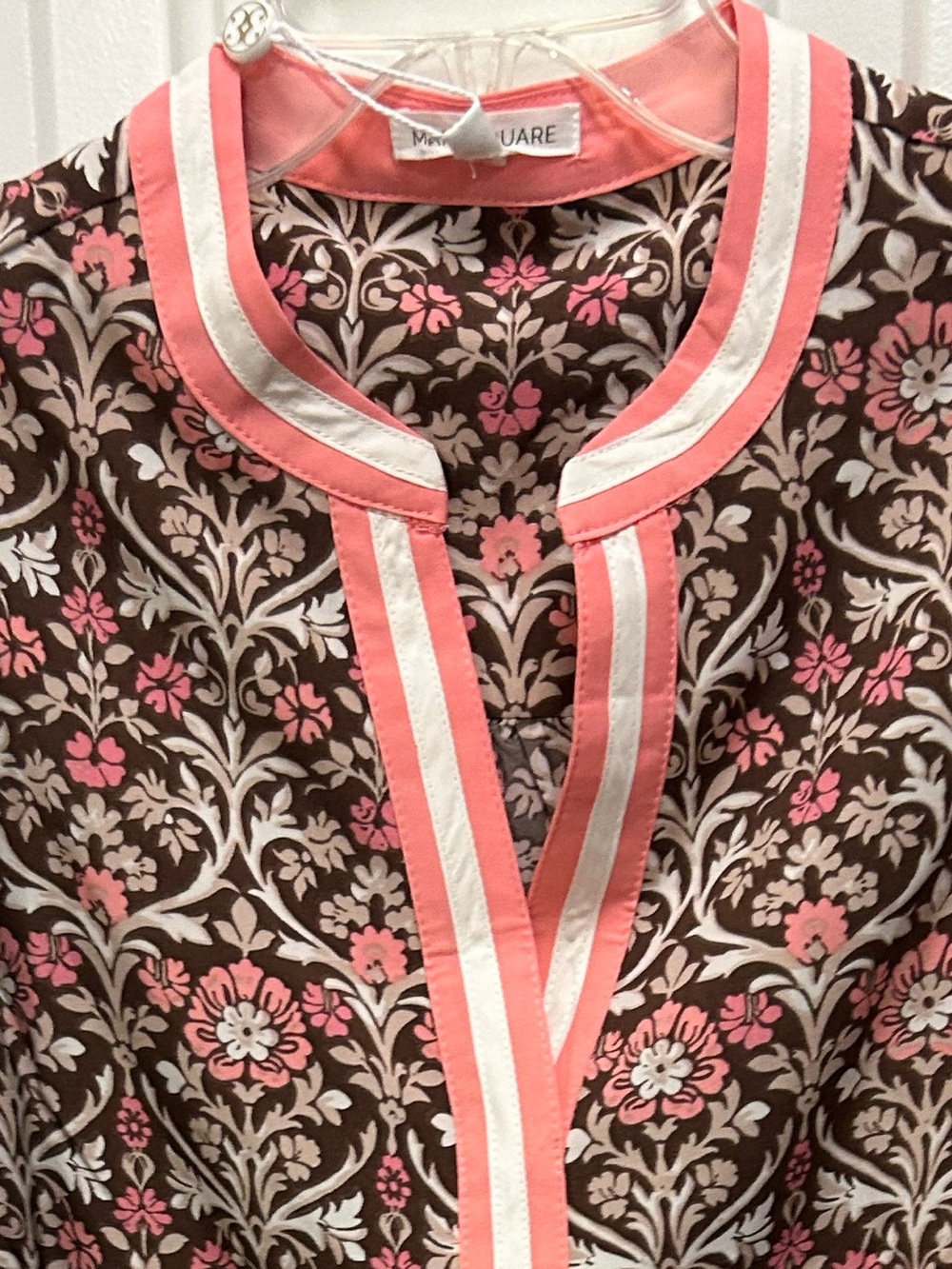Mary Square Coral & Brown Floral Top with Coral & White Banded Neckline - Picture 12 of 16